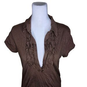 Talbots Cap Sleeve VNeck Ruffle Detail Slim Fit Top Womens Size M Brown